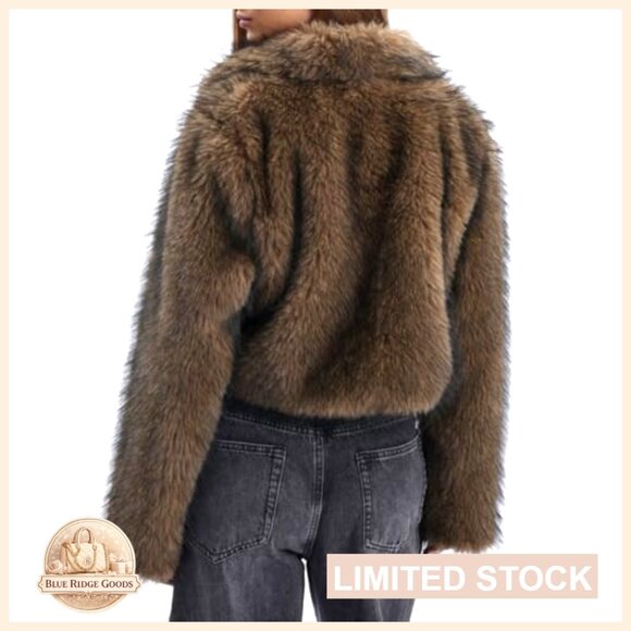 Faux Fur Cropped Coat Winter Open-front Long Sleeve Jacket - Picture 2 of 6